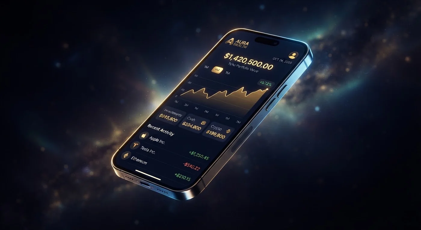 Ledgerly Go shown on a phone: an accounting dashboard with balances in rupees, floating in a dark cinematic space